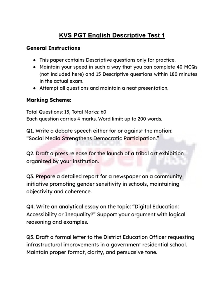 Question Paper - English Descriptive Test 1 | PDF