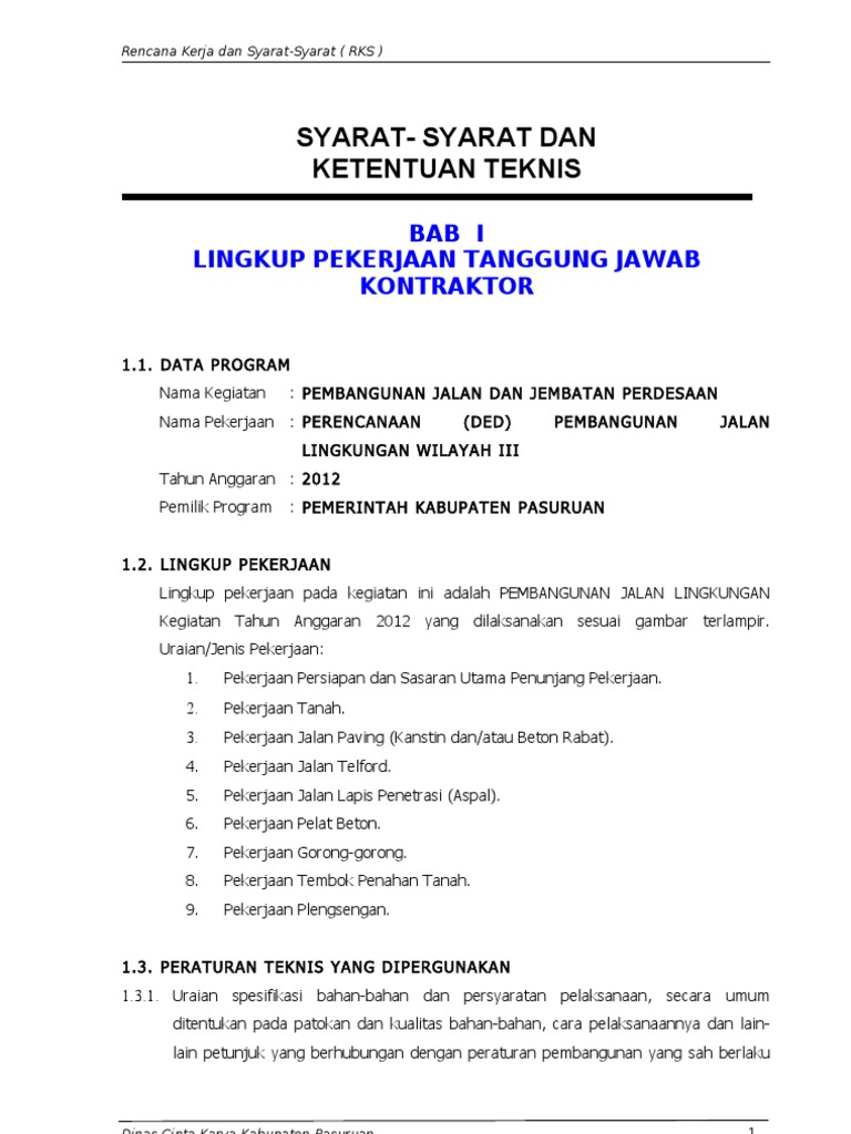 RKS Jalan Dan Jembatan Perdesaan Pasuruan