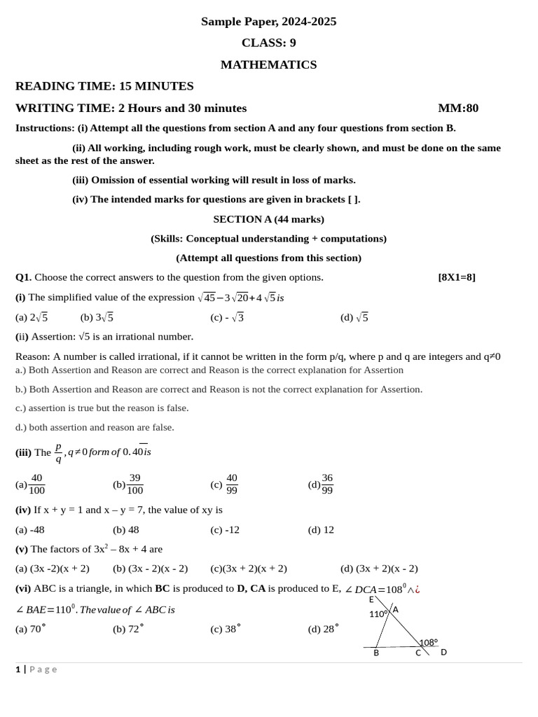 Sample Paper Class 9 2025 | PDF | Factorization | Square Root