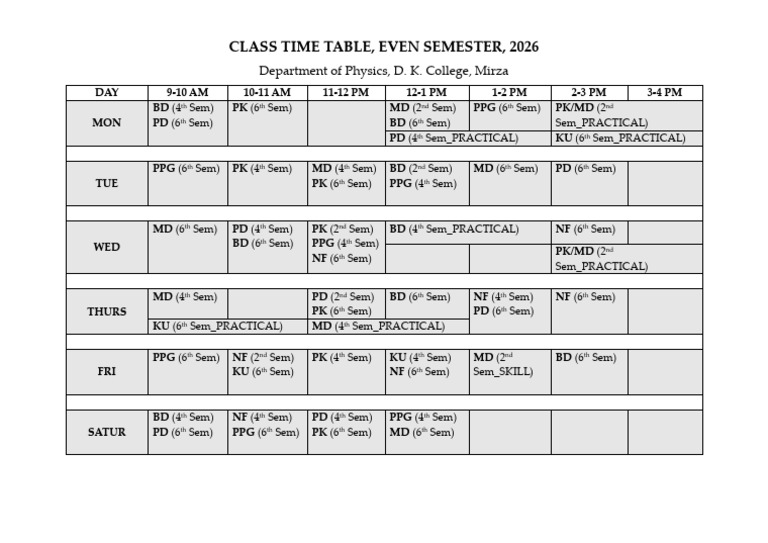 Class Routine Even Sem 2026 | PDF