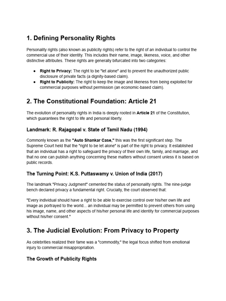 Personality Rights and Its Legal Developments in India | PDF ...
