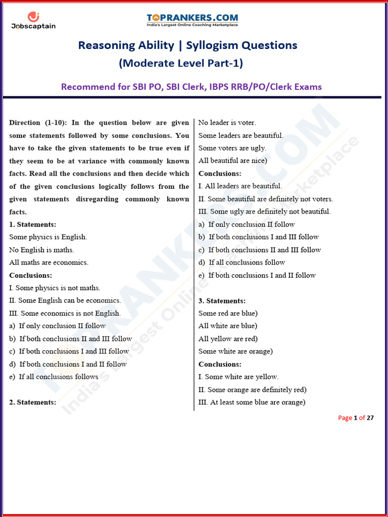 2 Syllogism Questions (Moderate Level Part-1) | PDF
