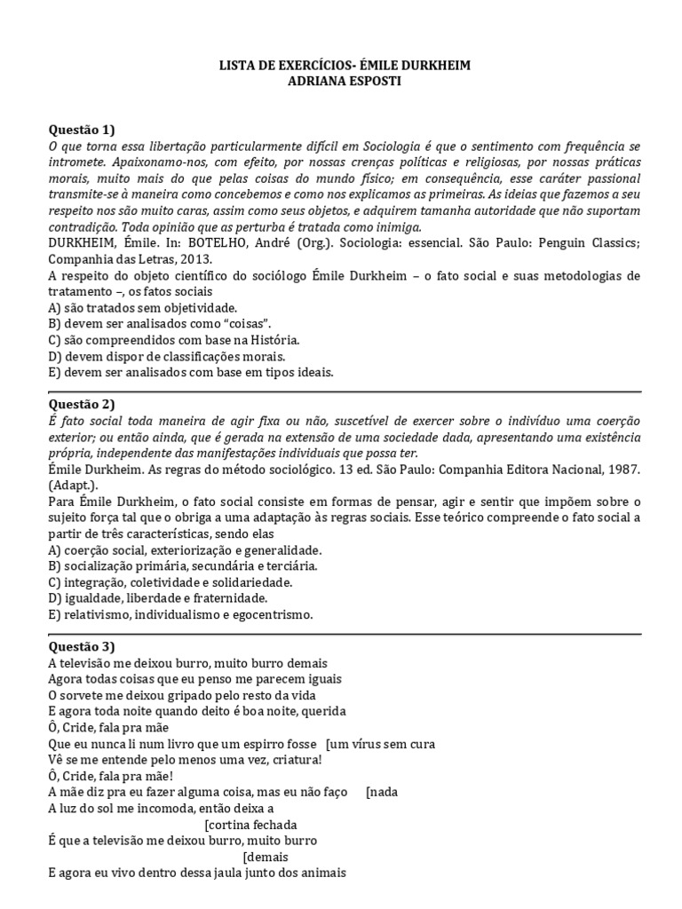Lista de Exercícios - Émile Durkheim | PDF | Sociologia | Émile Durkheim