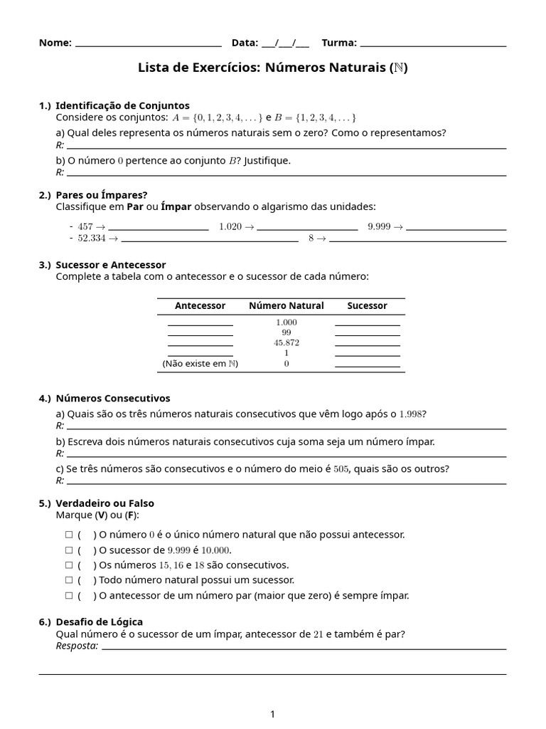 Exercícios de Matemática - Números Naturais | PDF