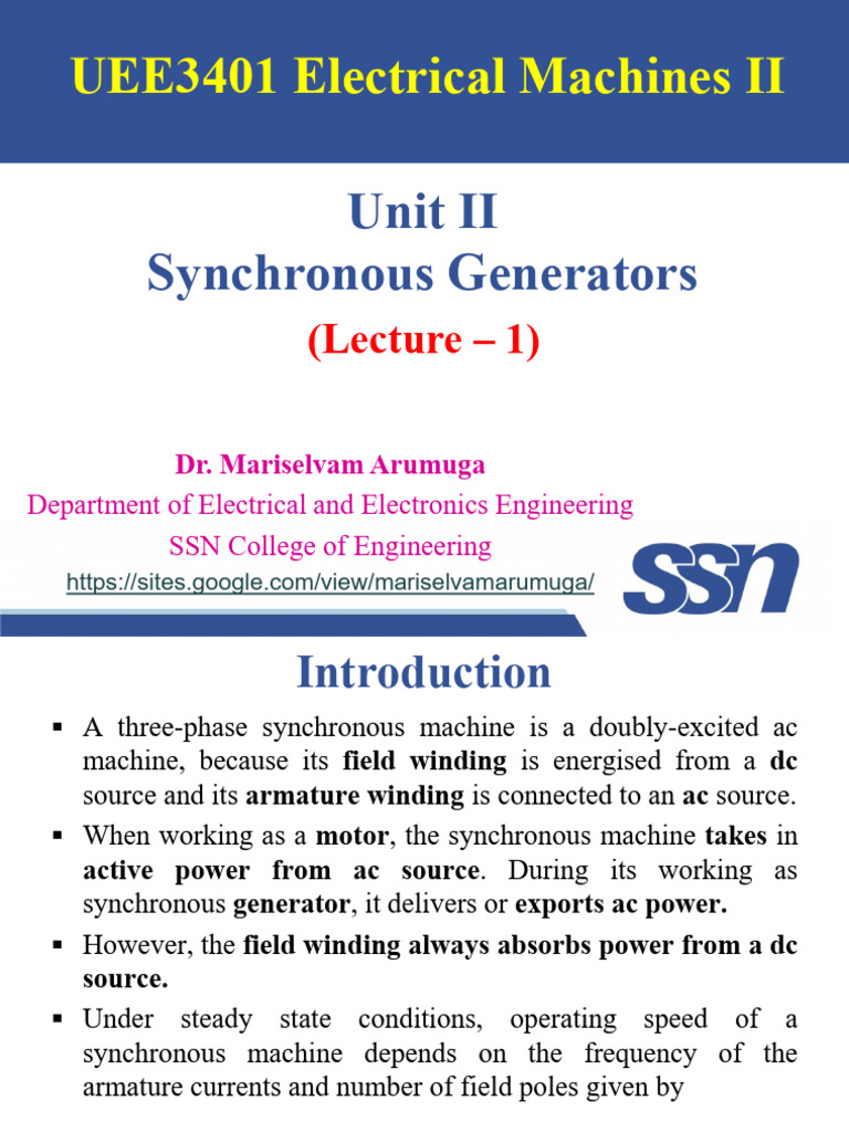UEE3401 - EM - II - Unit - II - Lecture - 1 SYNCHRONOUS GENRATORS | PDF ...