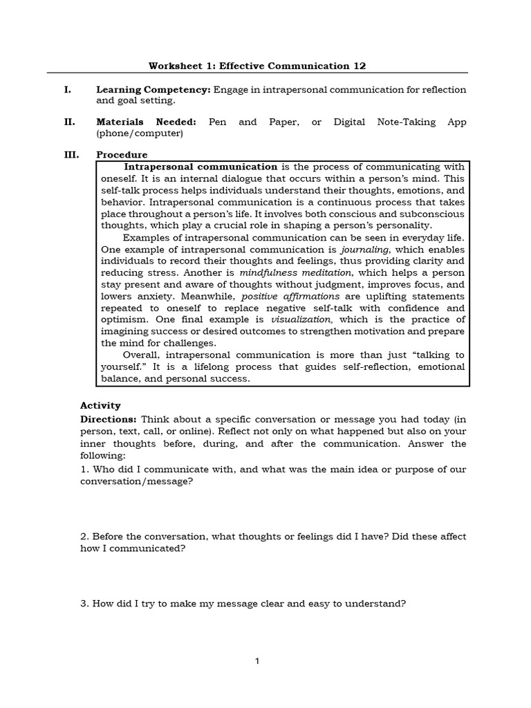 Worksheet 1: Effective Communication 12 I. Learning Competency | PDF ...