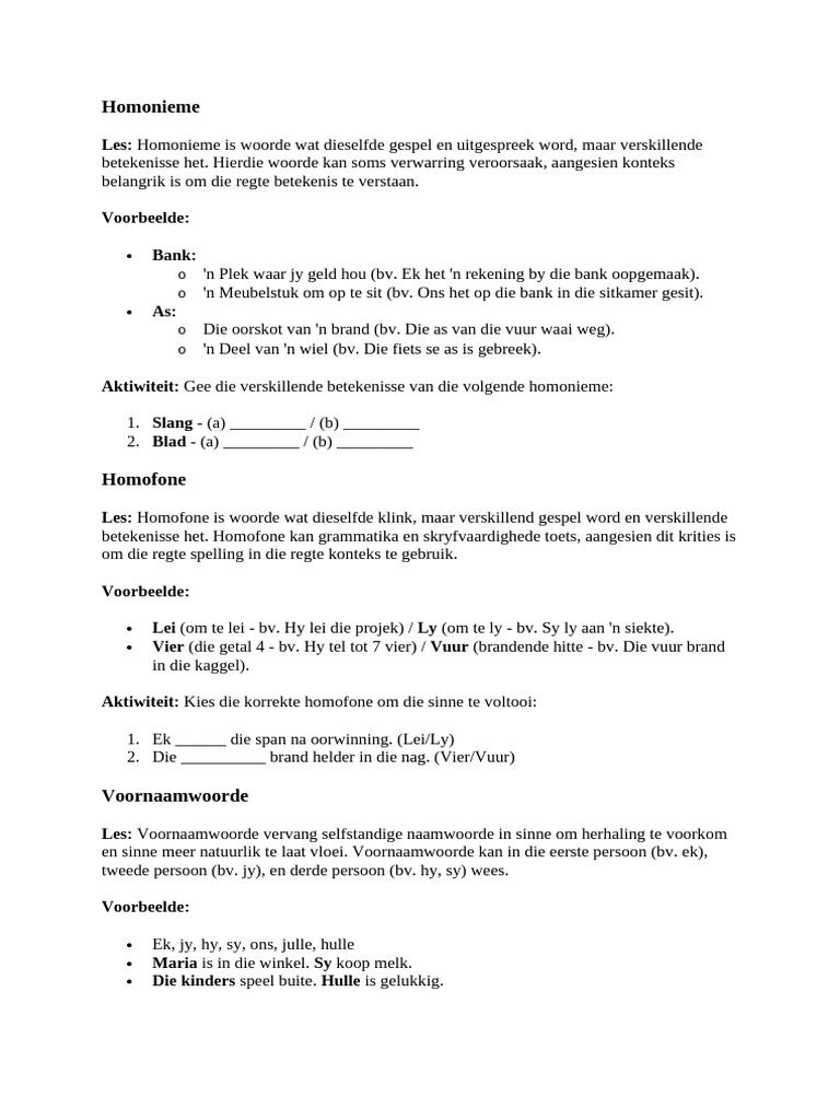 Homofone, Homonieme, Voornaamwoorde, B NW | PDF