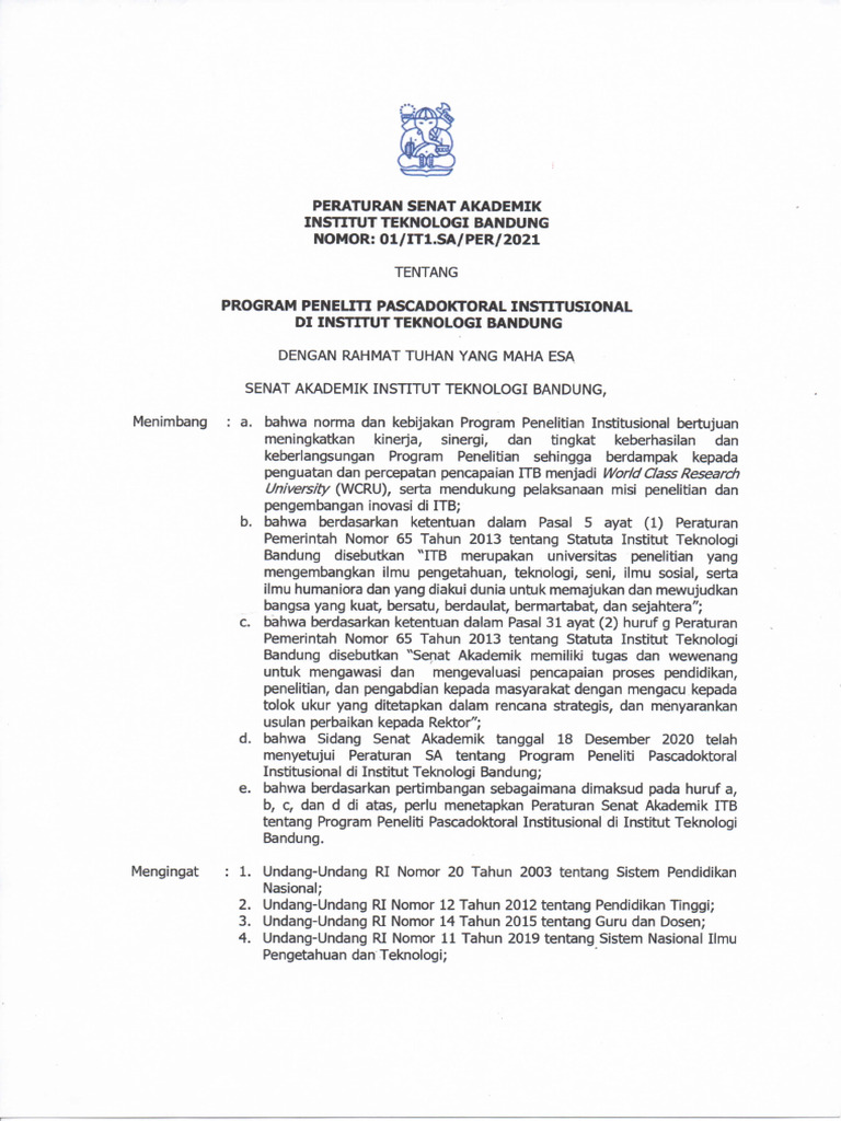 Peraturan SA Program Peneliti Pascadoktoral Institusional Di ITB Cap | PDF