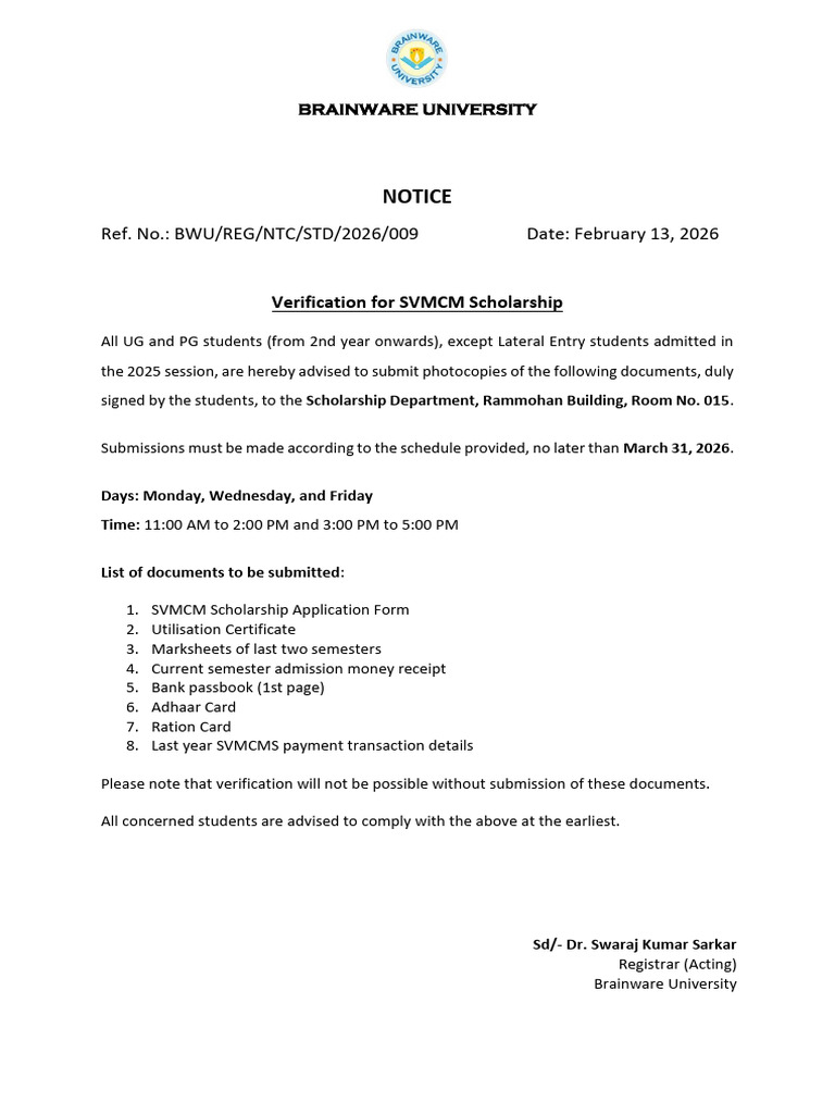 Student Notice 2026-02-13 Verification For SVMCM Scholarship | PDF
