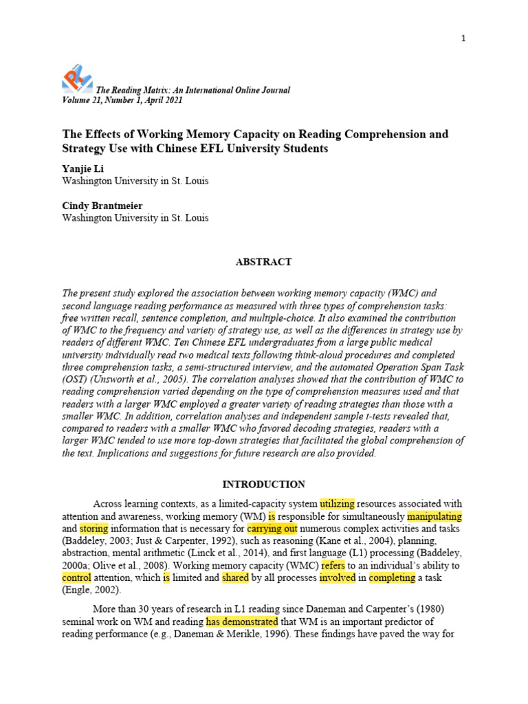 The Effects of Working Memory Capacity On Reading Comprehension and ...