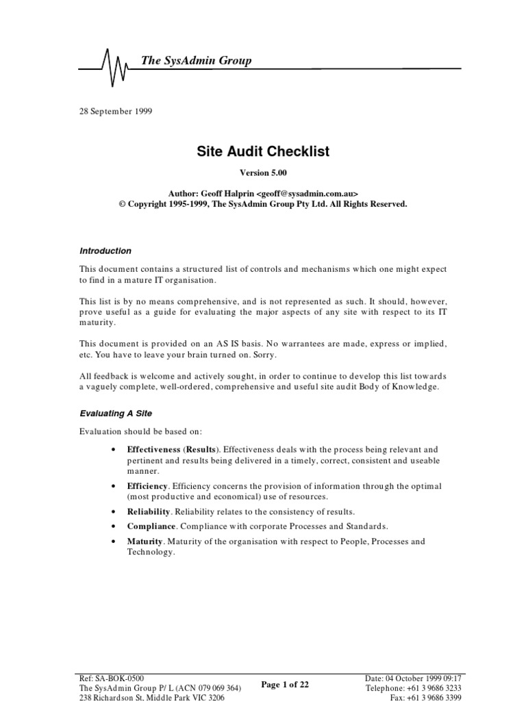 Network Audit Checklist Information Security Computer Network