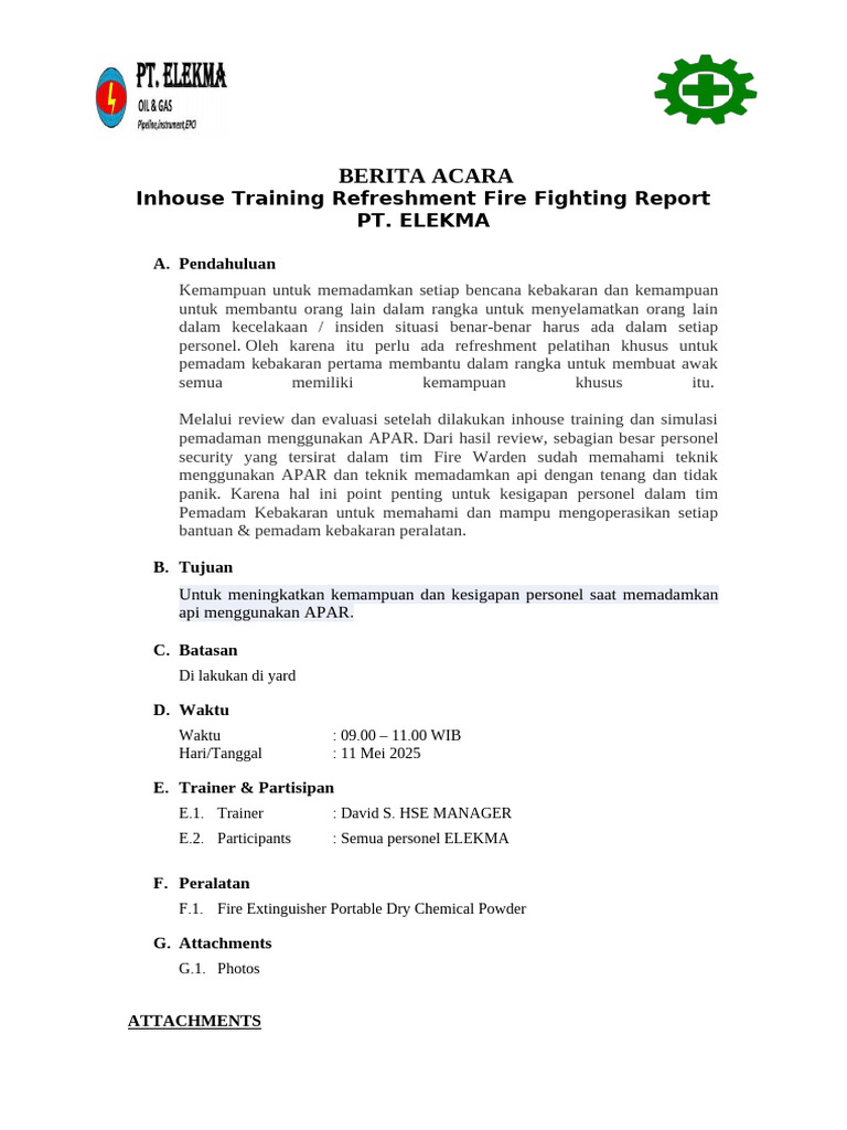 Inhouse Fire Fighting Training Report ELEKMA | PDF