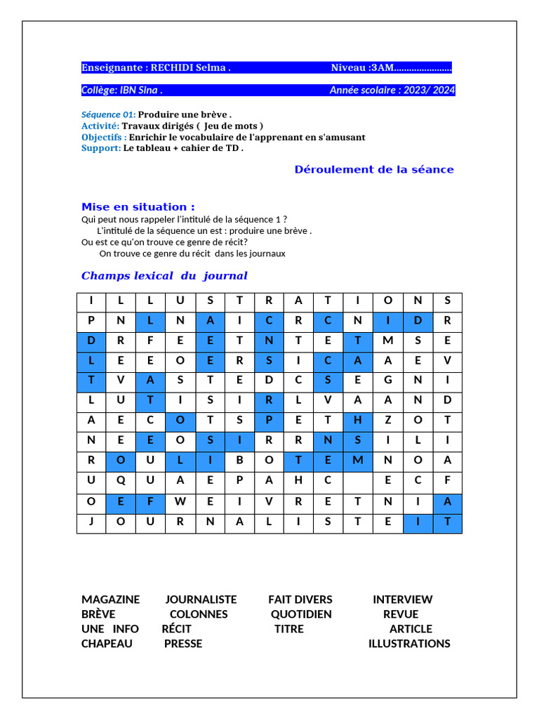 Champs Lexical Du Journal TD 1 3AM | PDF