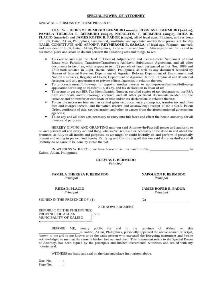 SPA To Sign Deed - Heirs of Remegio Bermudo | PDF | Common Law | Civil ...