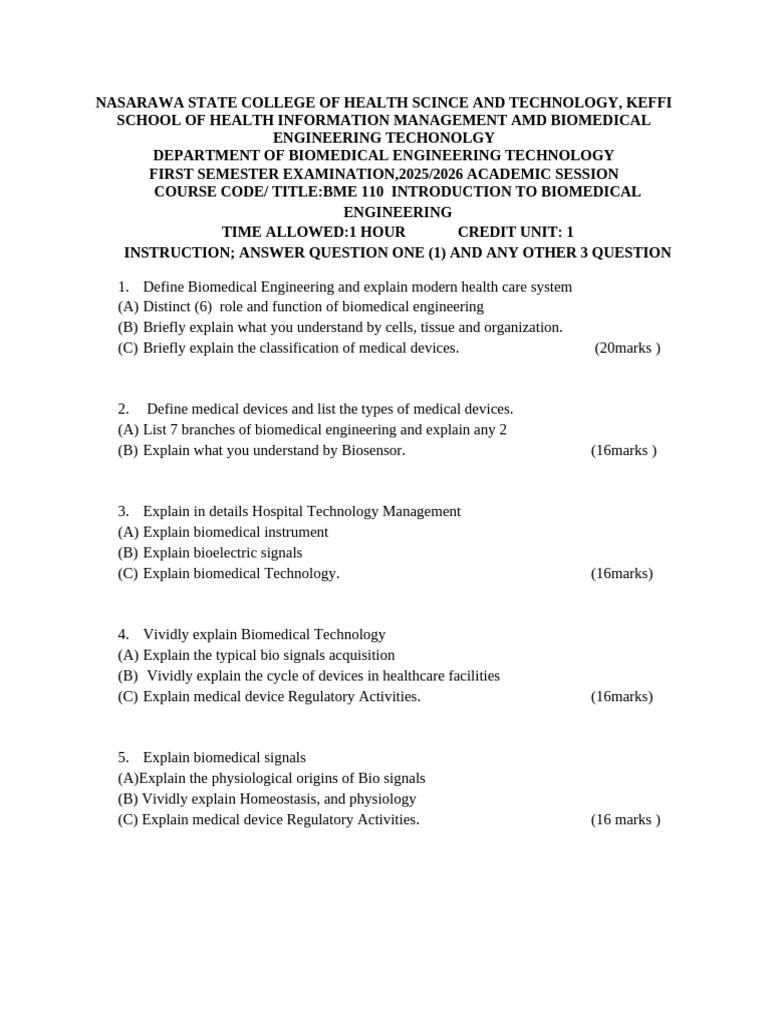 Introduction To Biomedical Engineering Question | PDF