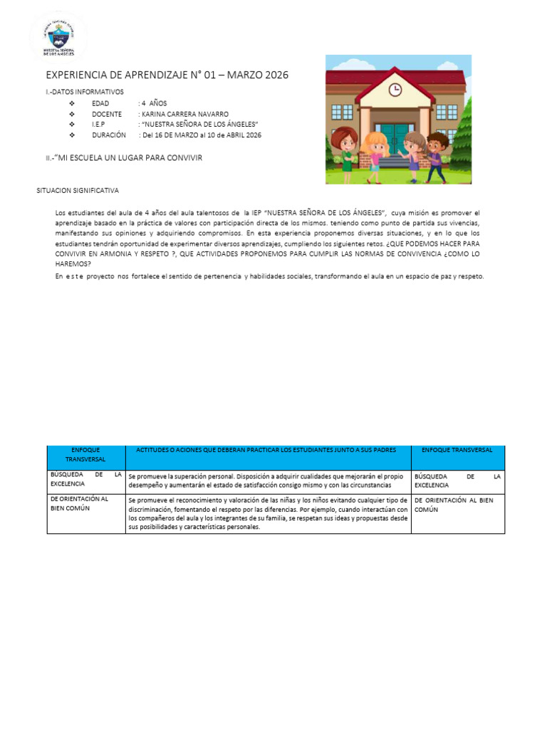 Proyecto de Aprendizaje Marzo 2026 | PDF | Salón de clases | Aprendizaje