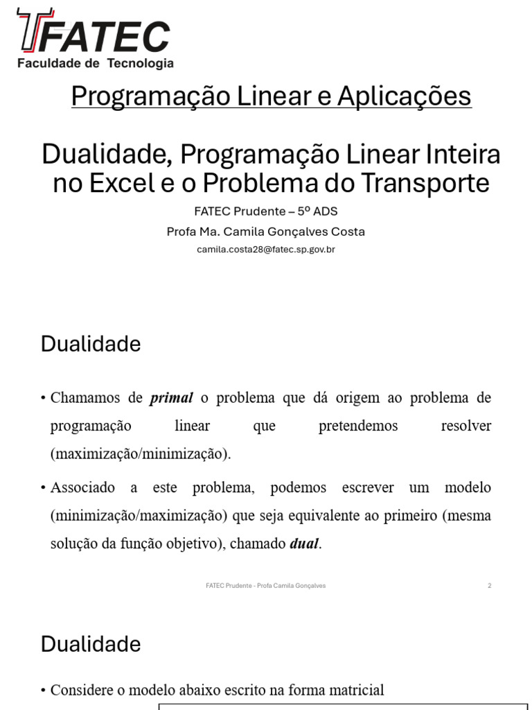 Dualidade, Programação Linear Inteira e Problema Do Transporte | PDF ...
