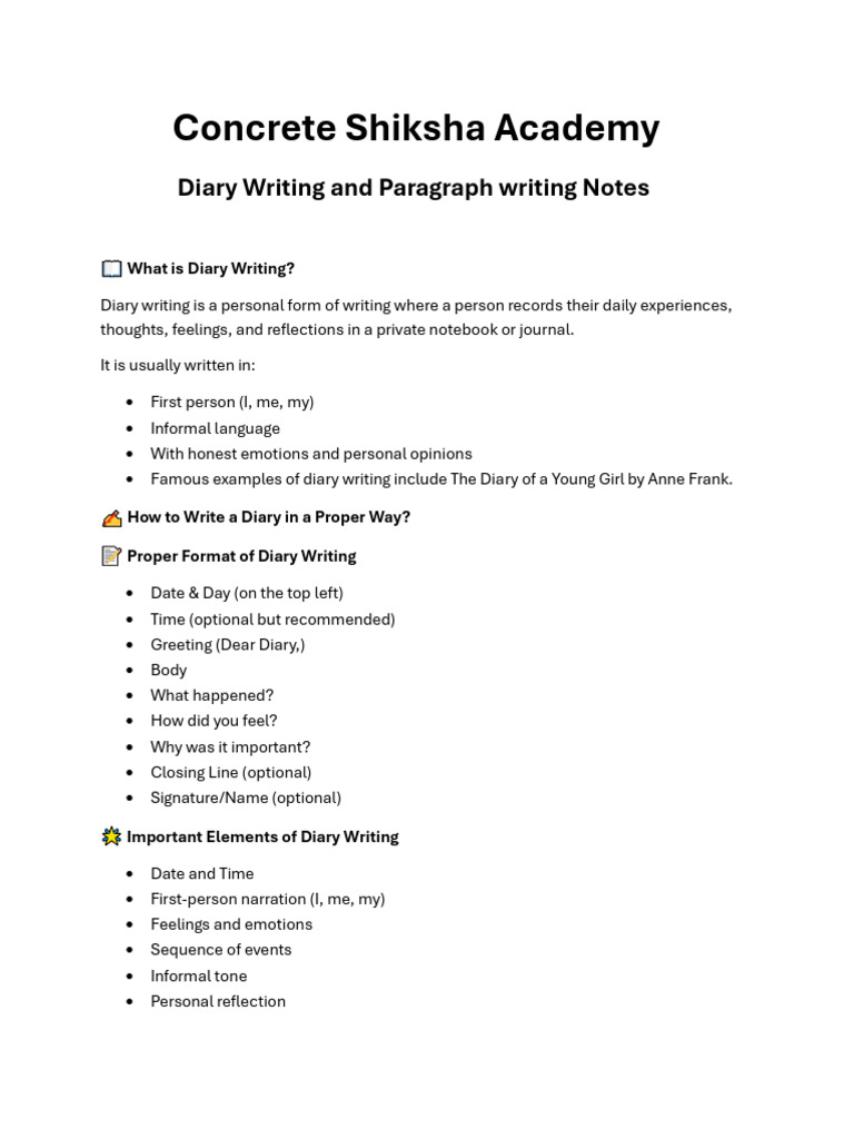 Diary and Paragraph Writing (Notes) | PDF | Teachers | Disciplines
