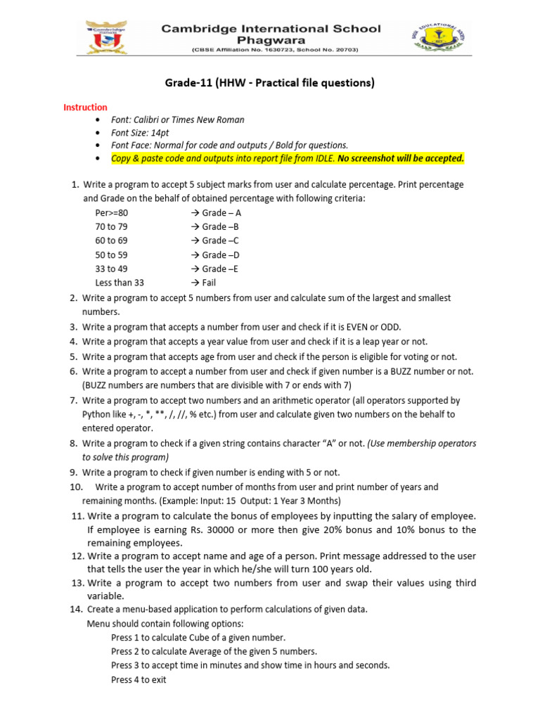 Practical File Questions HHW - 2025 | PDF | Computer Programming ...