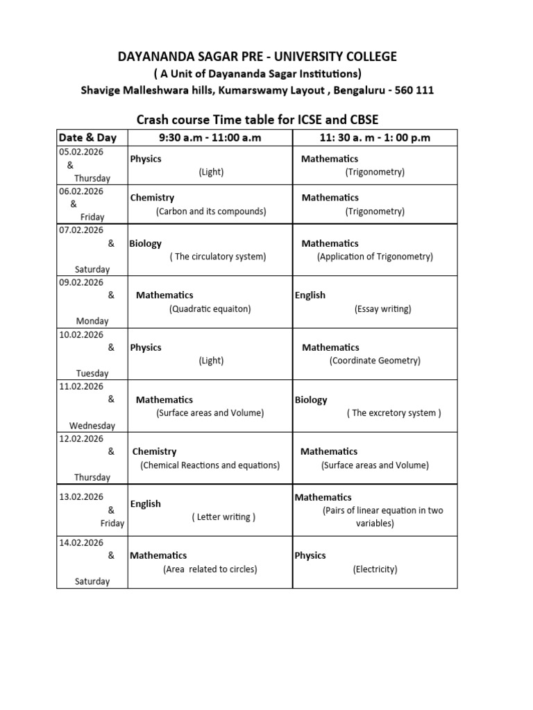 Crash Course Time Table | PDF