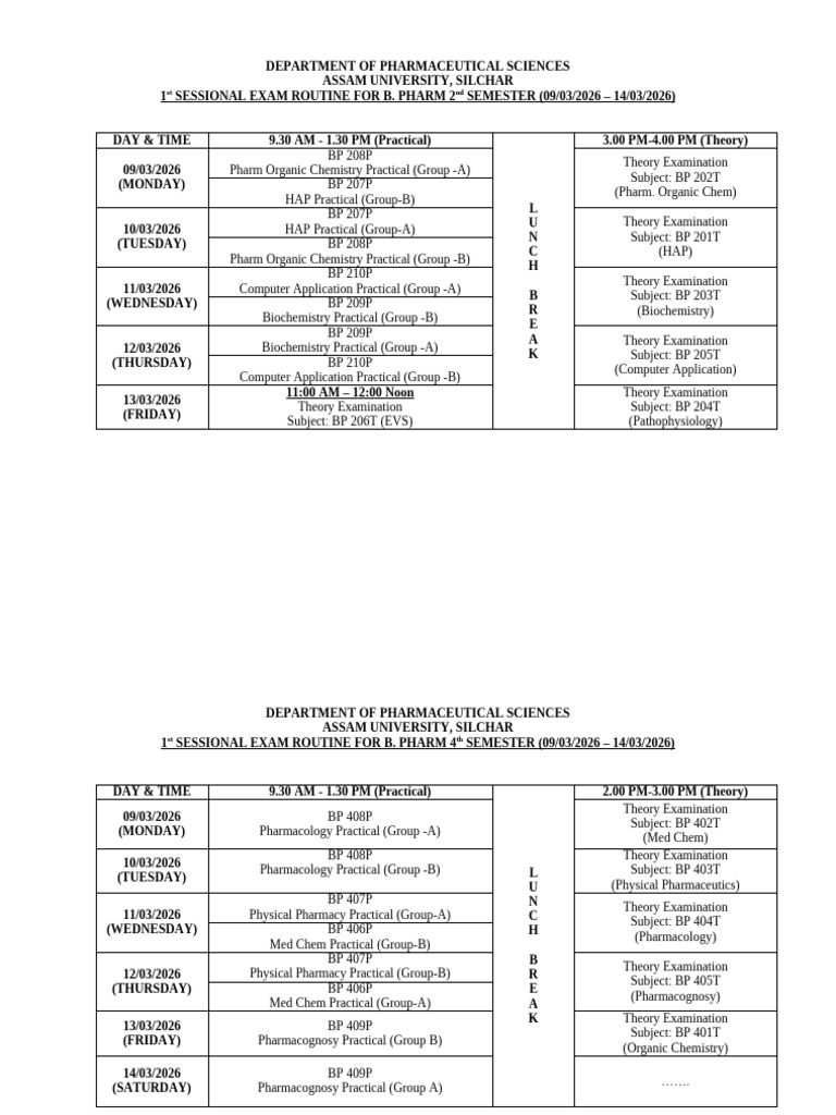 1st Sessional Exam Routine B.Pharm 2nd 4th 6th 8th Sem March 26 | PDF ...