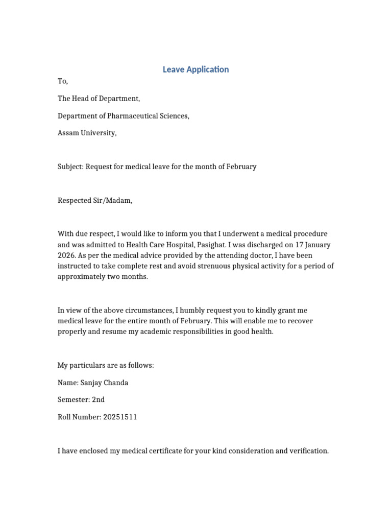 Formal Medical Leave Application Sanjay Chanda | PDF