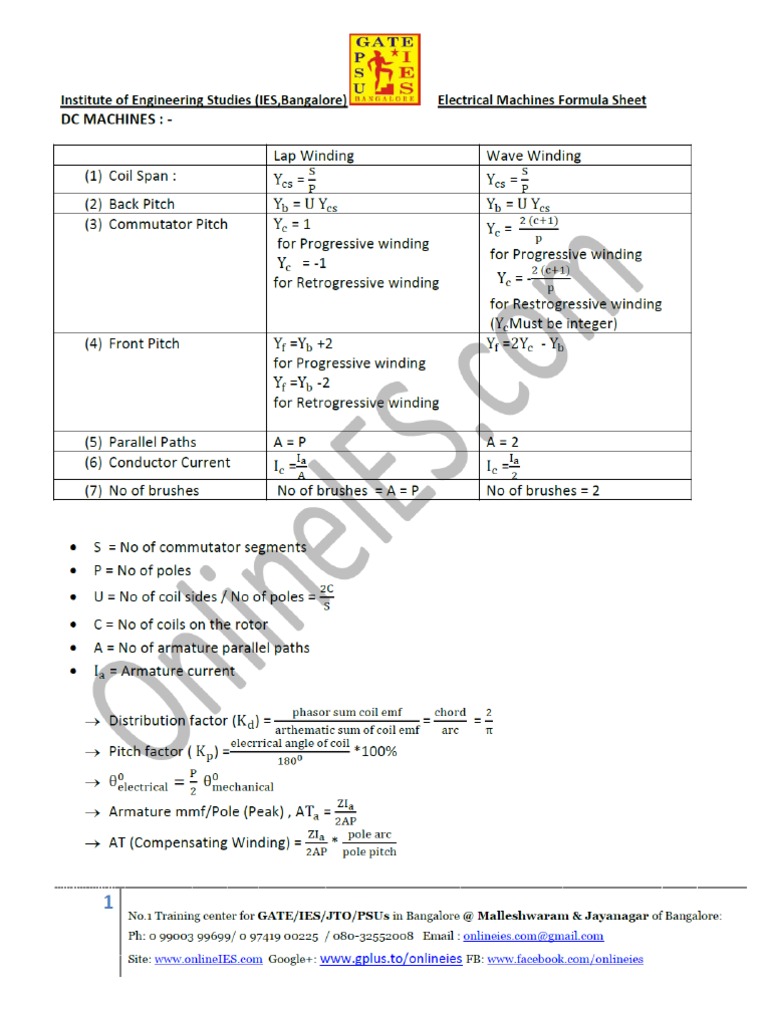 Electrical Machines Formula Sheet For Electrical Engineers