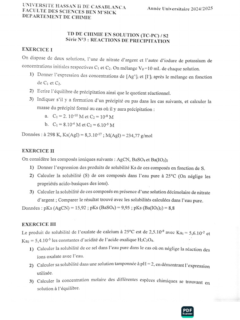 Série 3 Chimie en Solution | PDF