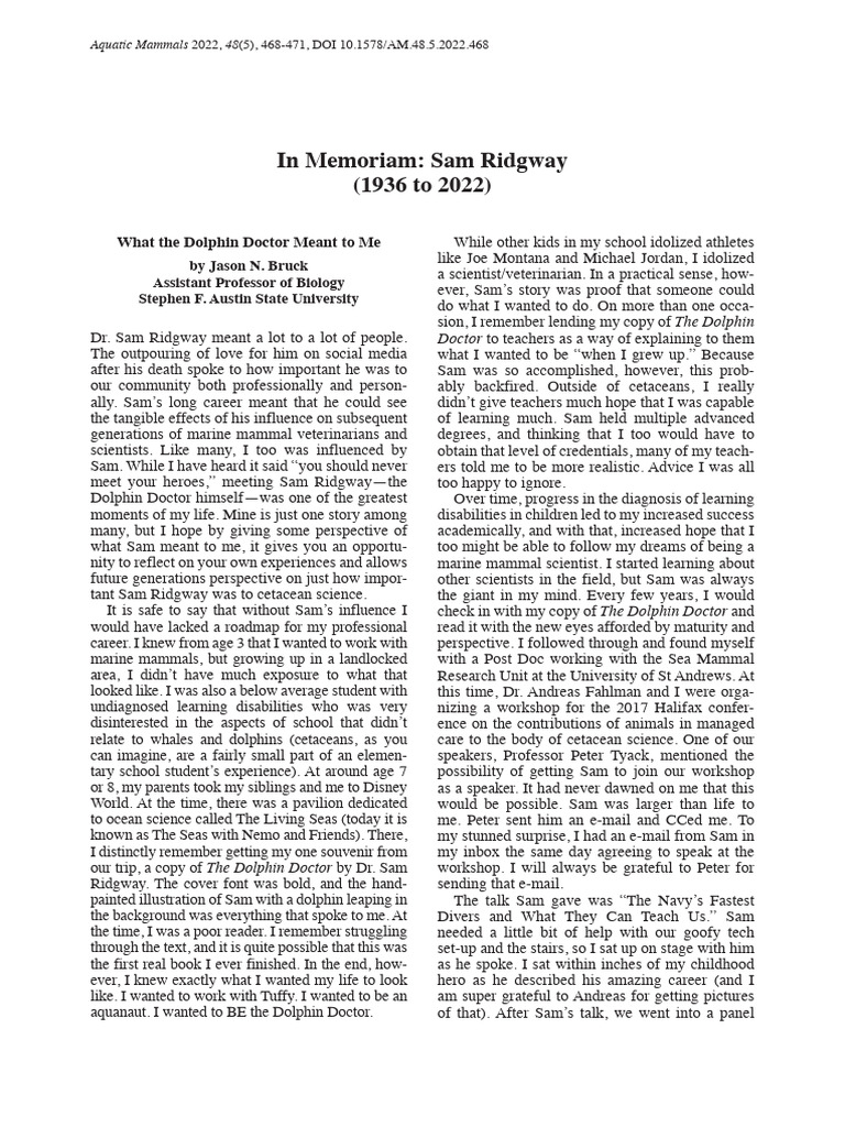 48.5 AM Sam Ridgway Memoriam | PDF | Marine Mammals | Dolphin
