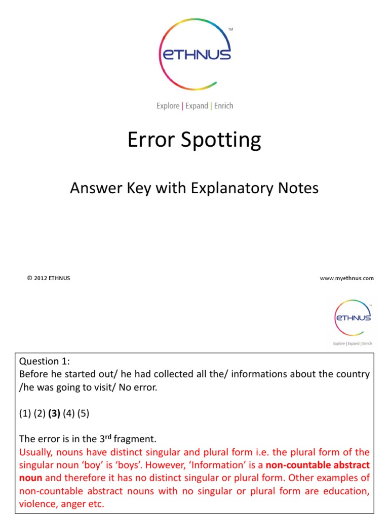 Error Spotting Answer Key With Explanatory Notes PDF Plural