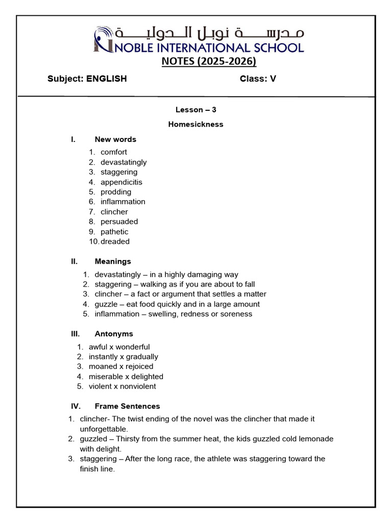 NOTES (2025-2026) : Subject: English Class: V | PDF | Chess Theory