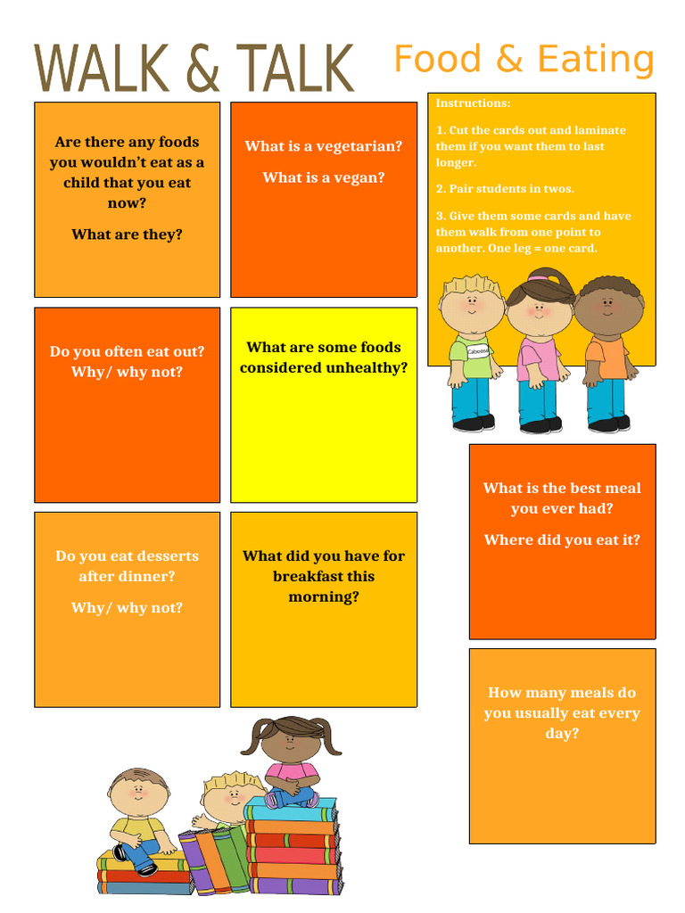 Walk Talk Food Eating Conversation Topics Dialogs Fun Activities Games ...