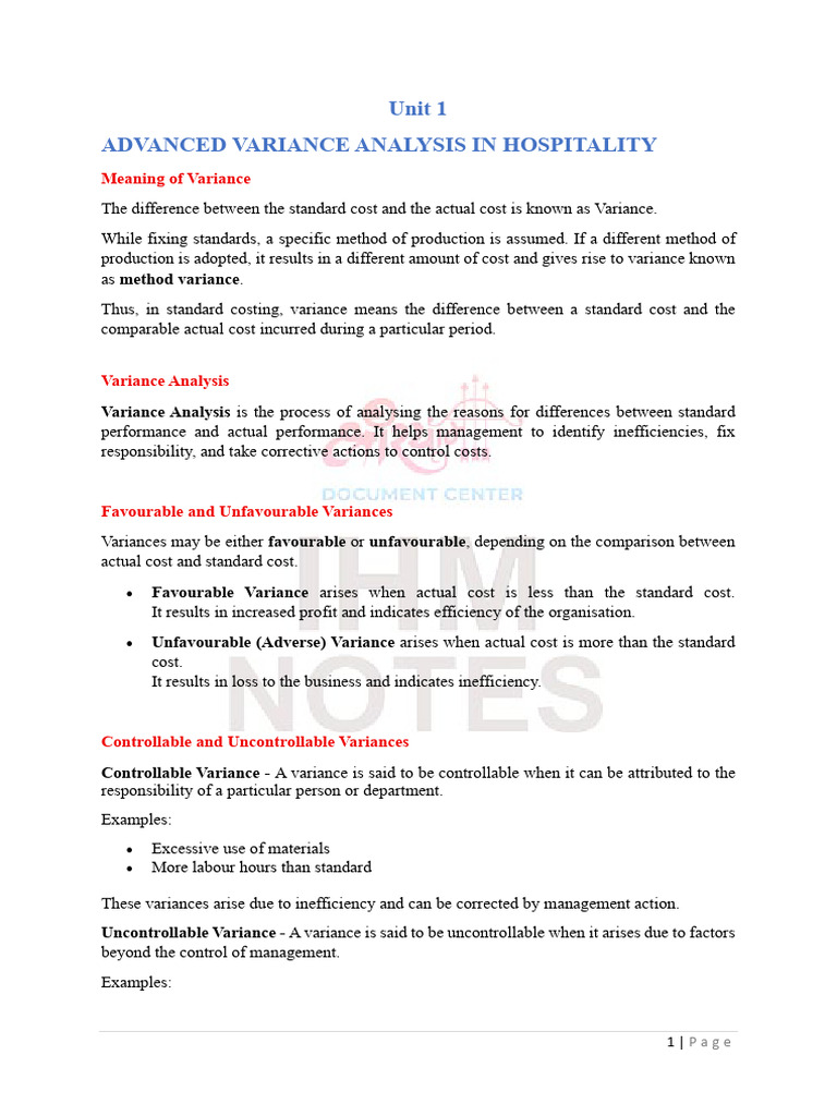 Unit 1 - F&B | PDF | Cost Accounting | Variance