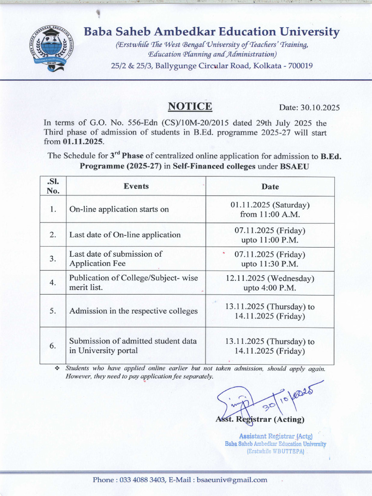 3rd Phase Admission Schedule B Ed 2025-27 For Self Finance | PDF