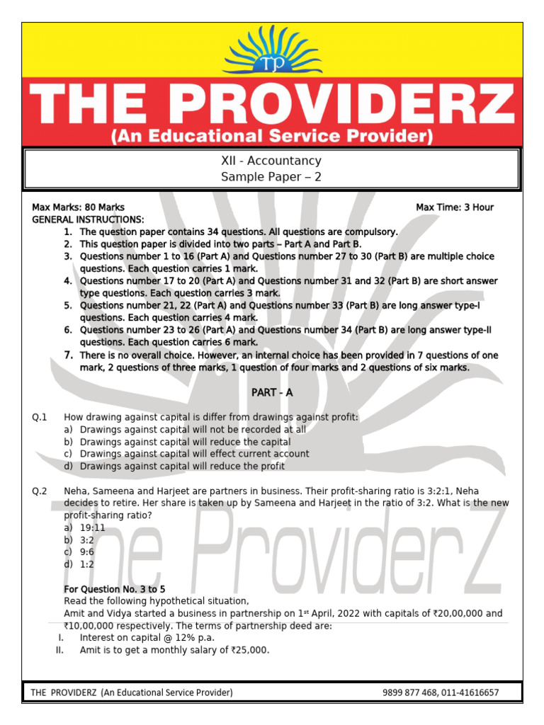 XII Accounts Practice Paper - 2 (The Providerz) | PDF | Expense ...