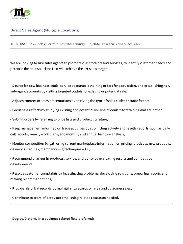 Direct Sales Agent (Multiple Locations) | PDF
