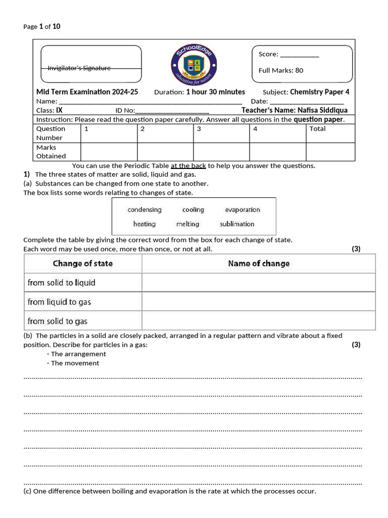 Grade 9 Mid Term Exam Paper 4 | PDF | Nitrogen | Solubility