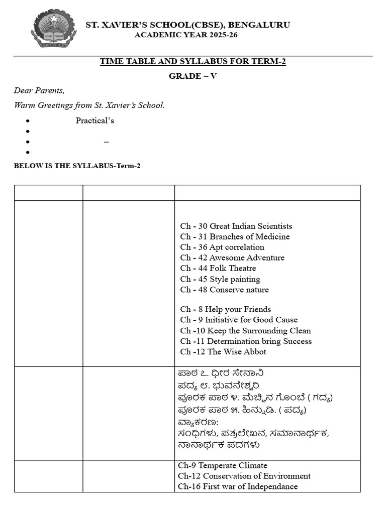 Grade V Term 2 Syllabus & Time Table | PDF