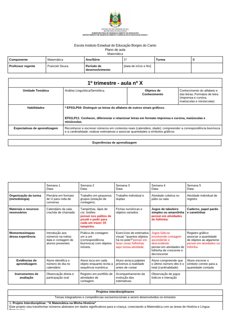 Modelo Planejamento de Aulas - 2026 | PDF | Tempo | Matemática