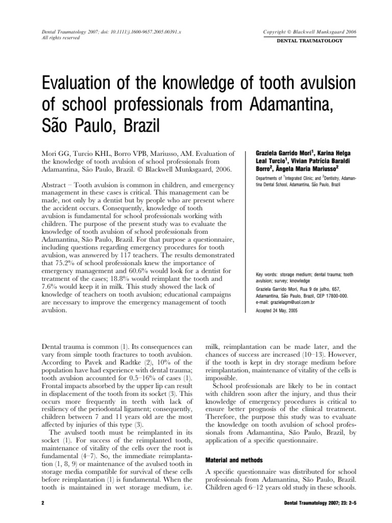 Evaluation of The Knowledge of Tooth Avulsion of School Professionals ...