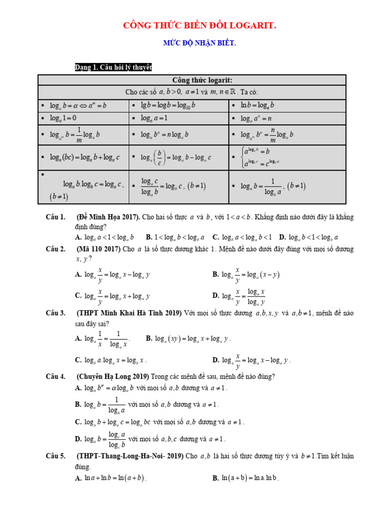 Công Thức Biến Đổi Logarit | PDF