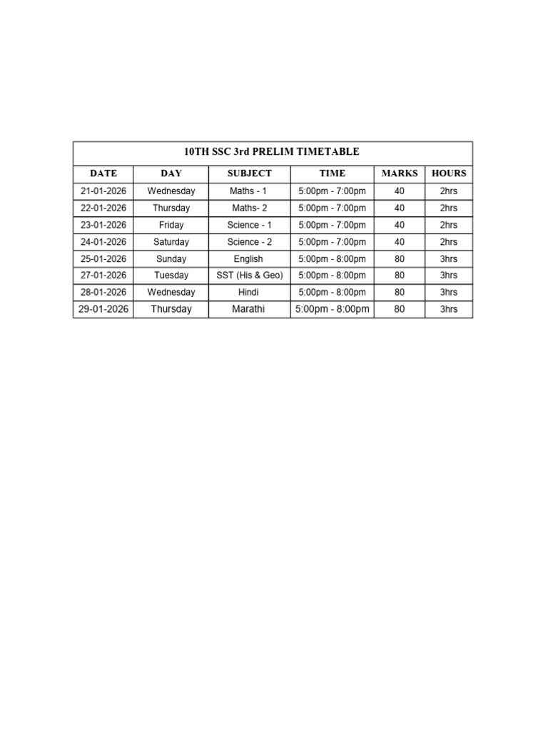 10th SSC 3rd Prelim Timetable | PDF