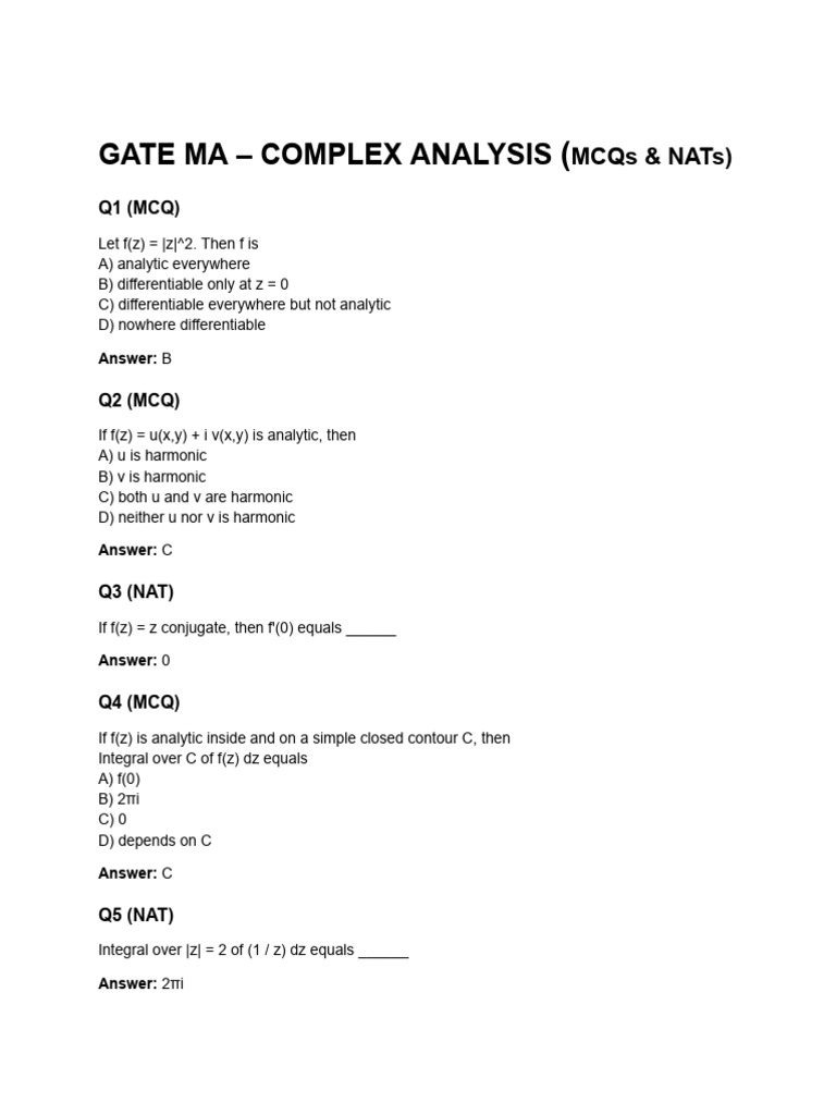 Gate Ma - Complex Analysis (Mcqs & Nats) | PDF
