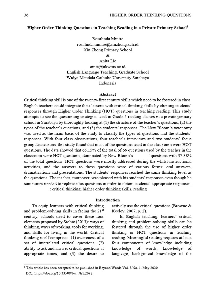 Higher Order Thinking Questions in Teaching Reading in A Private ...