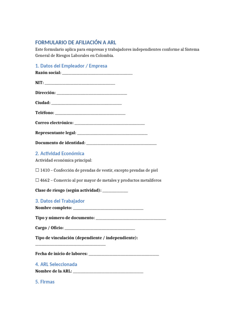 Formulario Afiliacion ARL 1410 4662-1 | PDF
