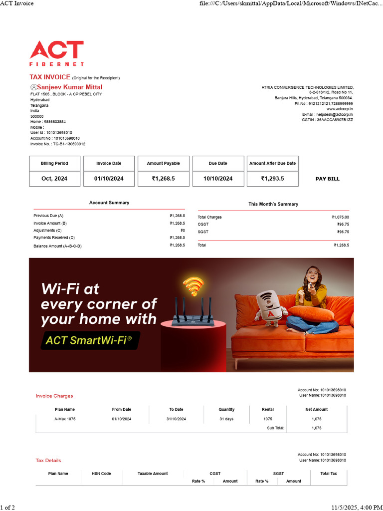 Internet Bill Oct 24 | PDF | Invoice | Taxes