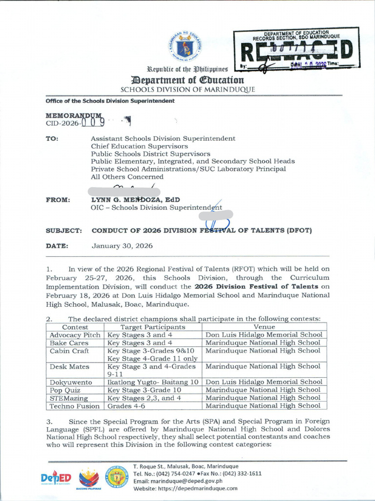 13746-Conduct of 2026 Division Festival of Talents (Dfot) No Sig | PDF