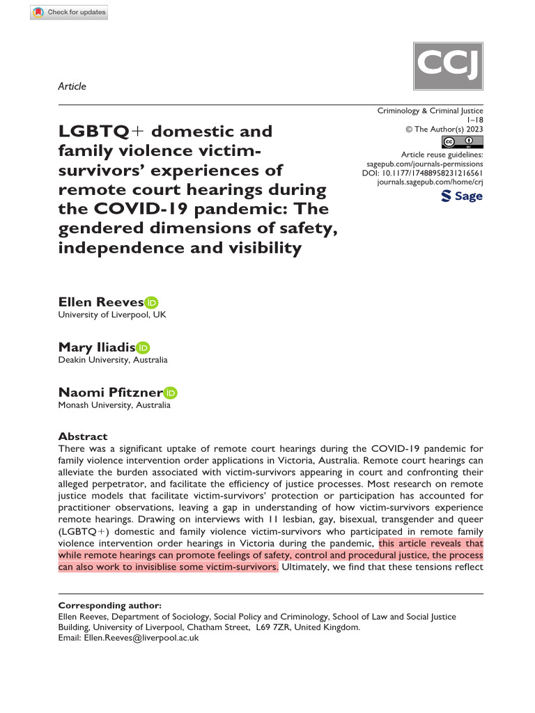 Reeves Et Al 2023 LGBTQ Domestic and Family Violence Victim Survivors ...