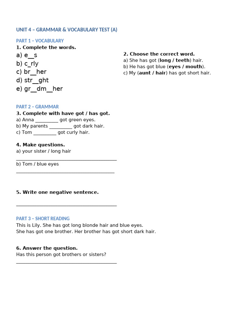 Unit 4 Grammar Lexical Test A | PDF