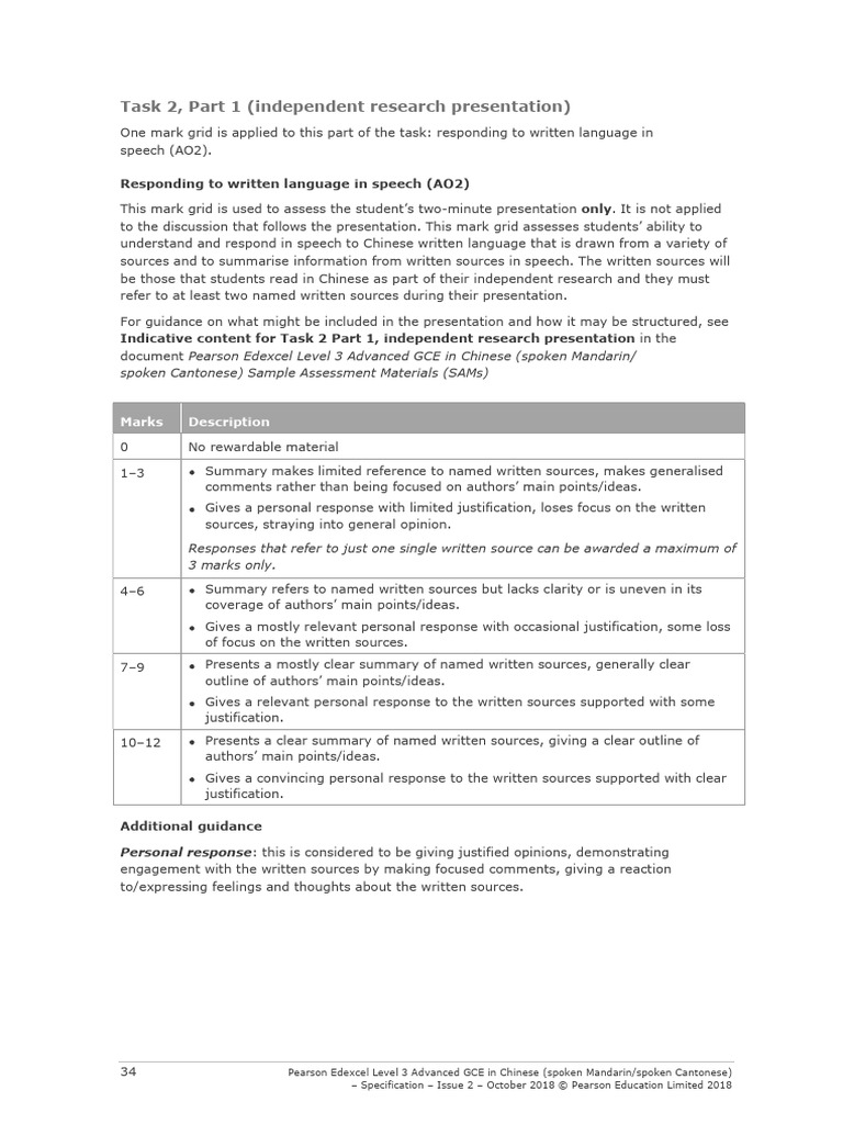 Task 2 Marking Criteria | PDF | Speech | Standard Chinese